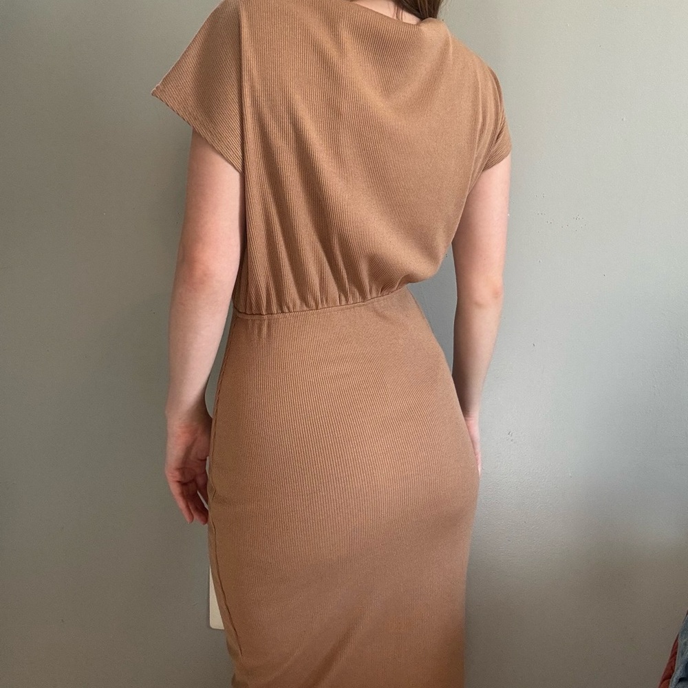 MEROKEETY Brown Cowl Neck Midi Bodycon Dress - Picture 4 of 5